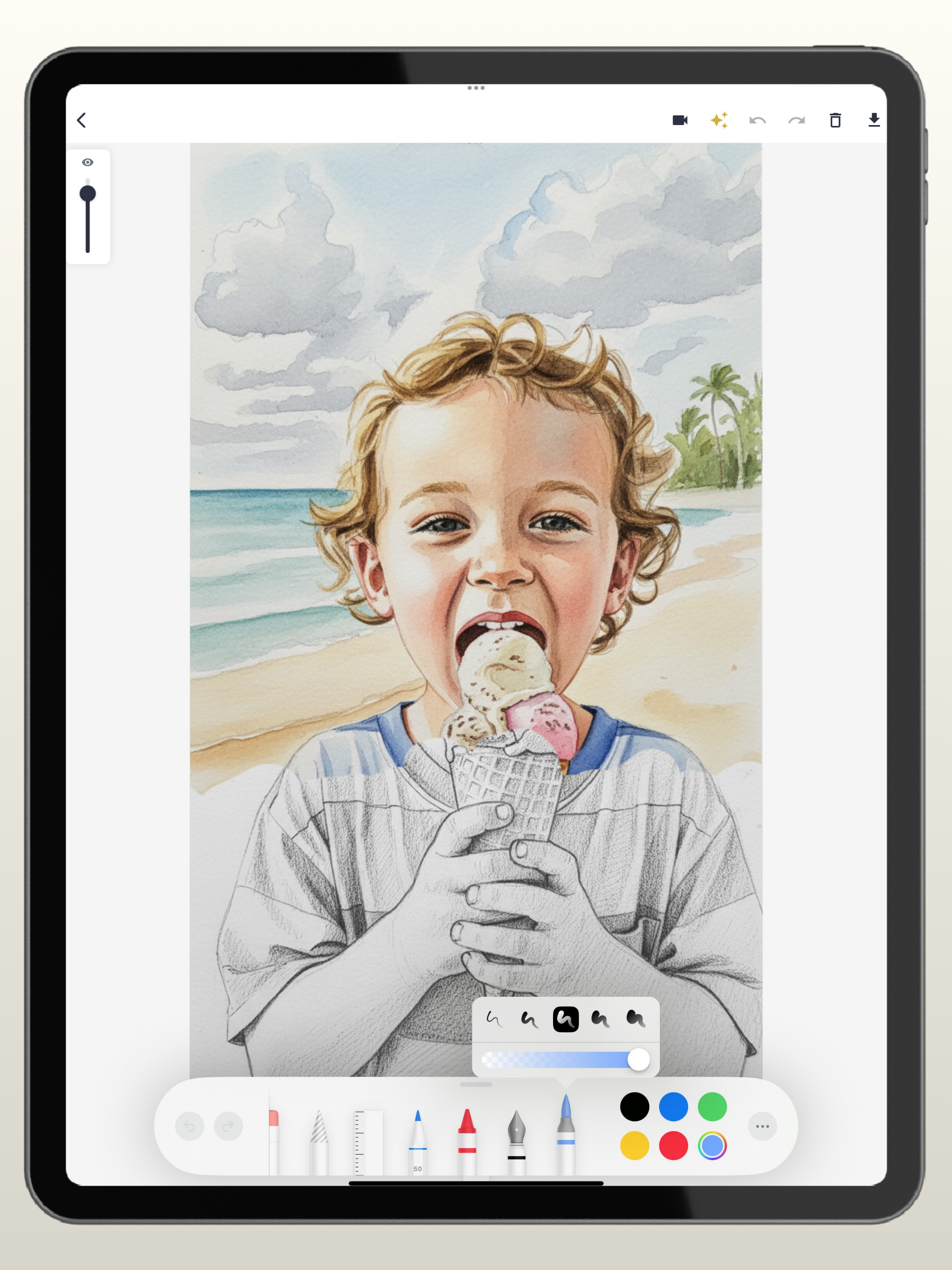 iPad showing professional drawing tools with Apple Pencil